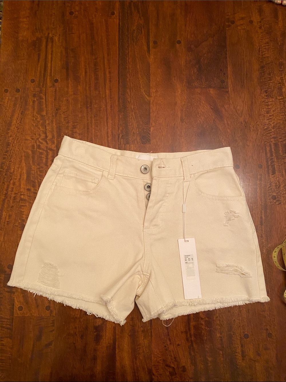Women’s High-Rise Cream Distressed Denim Shorts